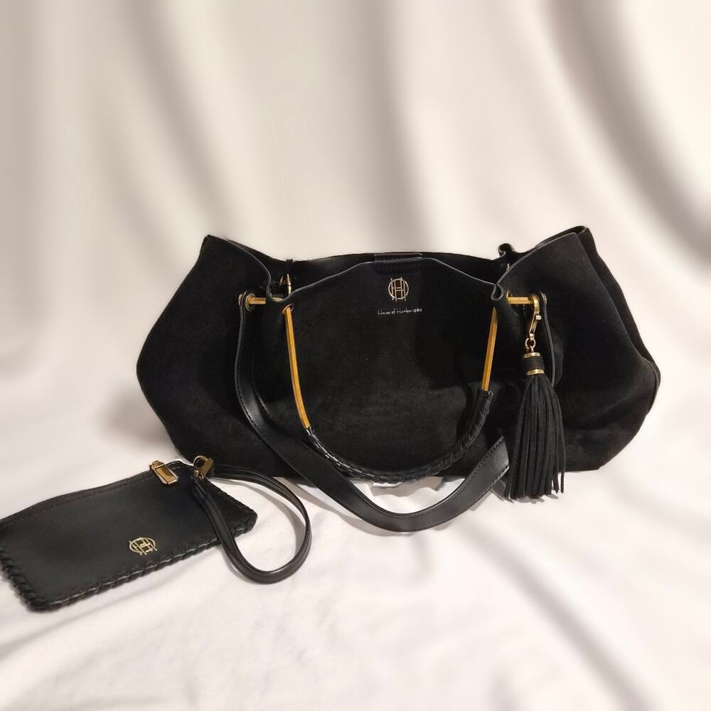 House of Harlow 1960 Black Suede Luxe Satchel Tote Bag Shoulder Purse w Wristlet